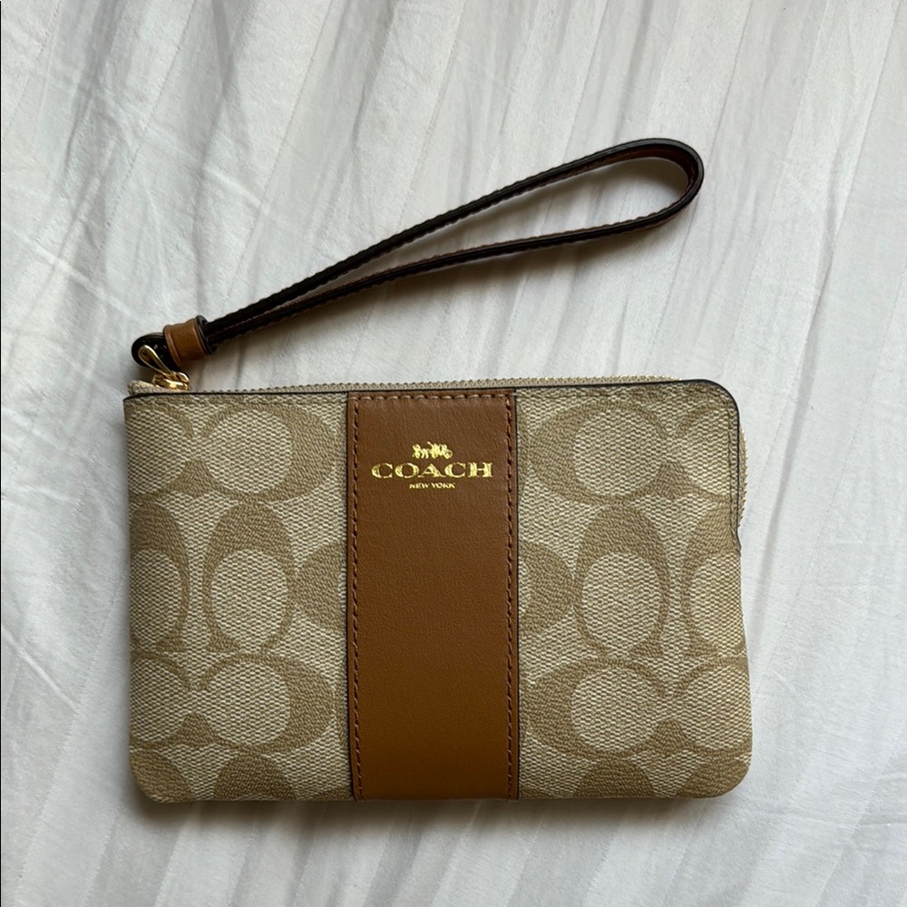 Coach Signature Beige and Brown Wristlet